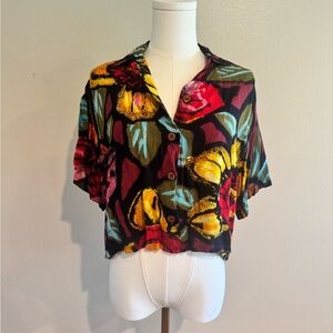 90s Vintage Black Floral Crop Button-Up Top
